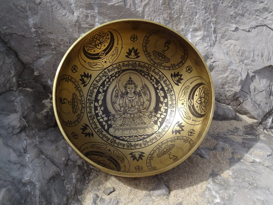 Bol tibétain gravé Lotus, Bouddha, Lune - Bol tibétain - Colibri Minéraux et Bien-être