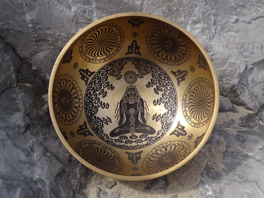 Bol chantant gravé 7 Chakras, Om et Sri Yantra - Bol tibétain - Colibri Minéraux et Bien-être