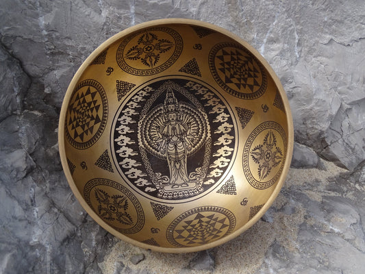Bol chantant gravé Om, Vajra, Chenrezig et Sri Yantra - Bol tibétain - Colibri Minéraux et Bien-être