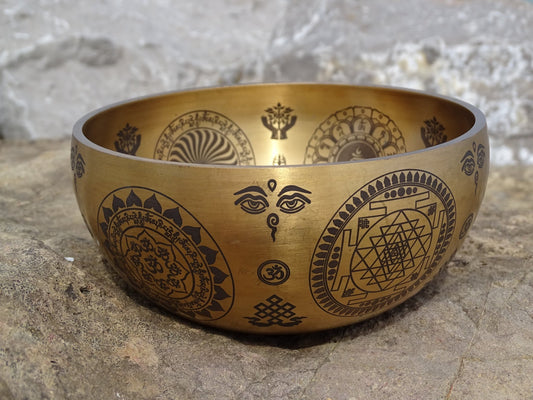 Bol chantant gravé 7 Chakras, Om et Sri Yantra - Bol tibétain - Colibri Minéraux et Bien-être