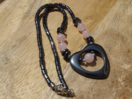 Collier Hématite et Quartz Rose Coeur - Collier - Colibri Minéraux et Bien-être