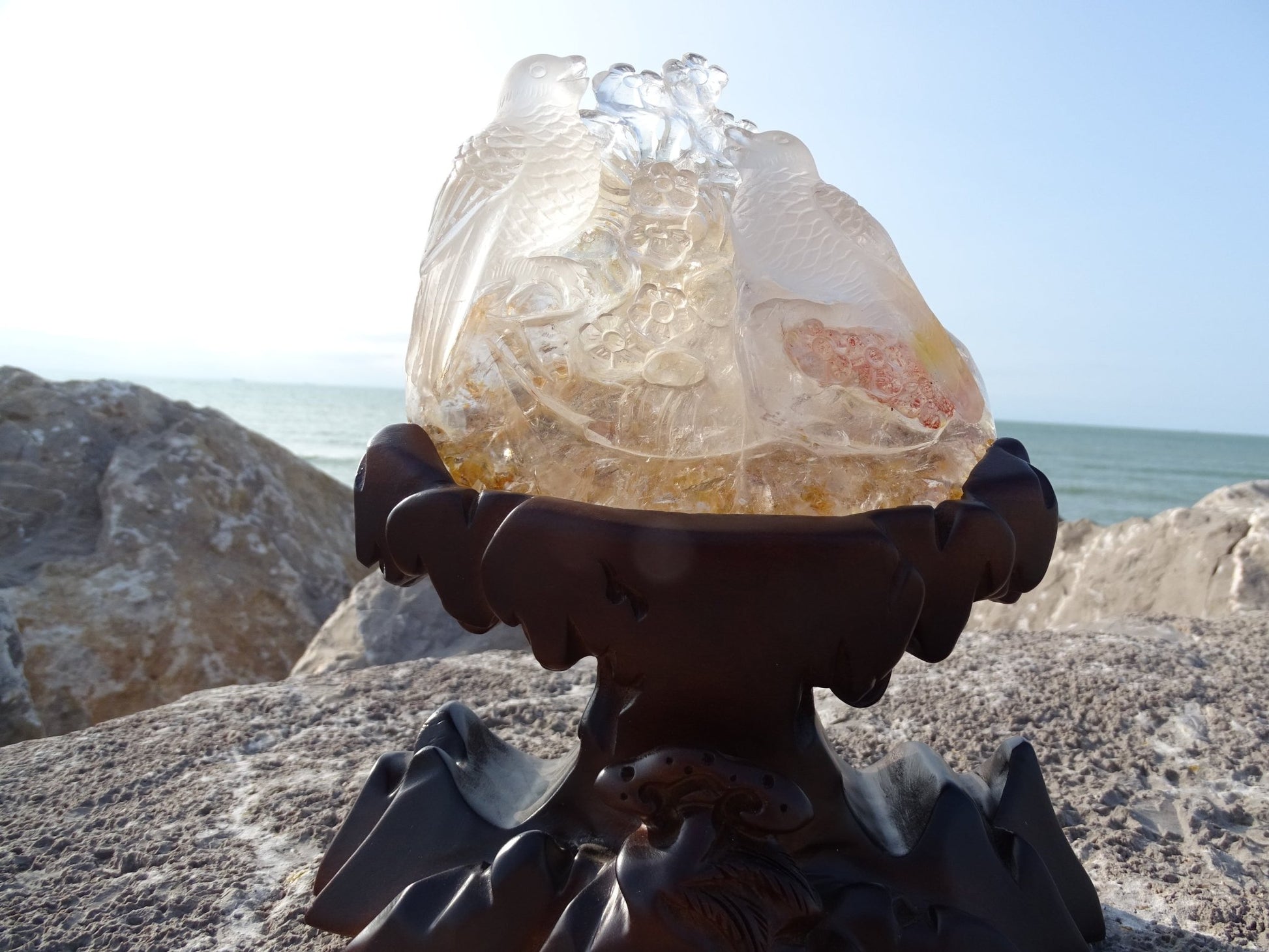 Sculpture couple d'oiseaux Quartz Cristal de Roche - Cristaux - Colibri Minéraux et Bien-être