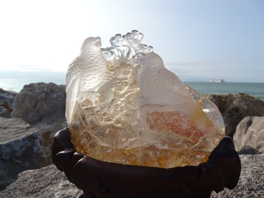 Sculpture couple d'oiseaux Quartz Cristal de Roche - Cristaux - Colibri Minéraux et Bien-être
