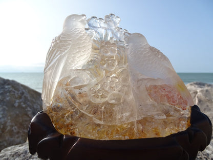 Sculpture couple d'oiseaux Quartz Cristal de Roche - Cristaux - Colibri Minéraux et Bien-être