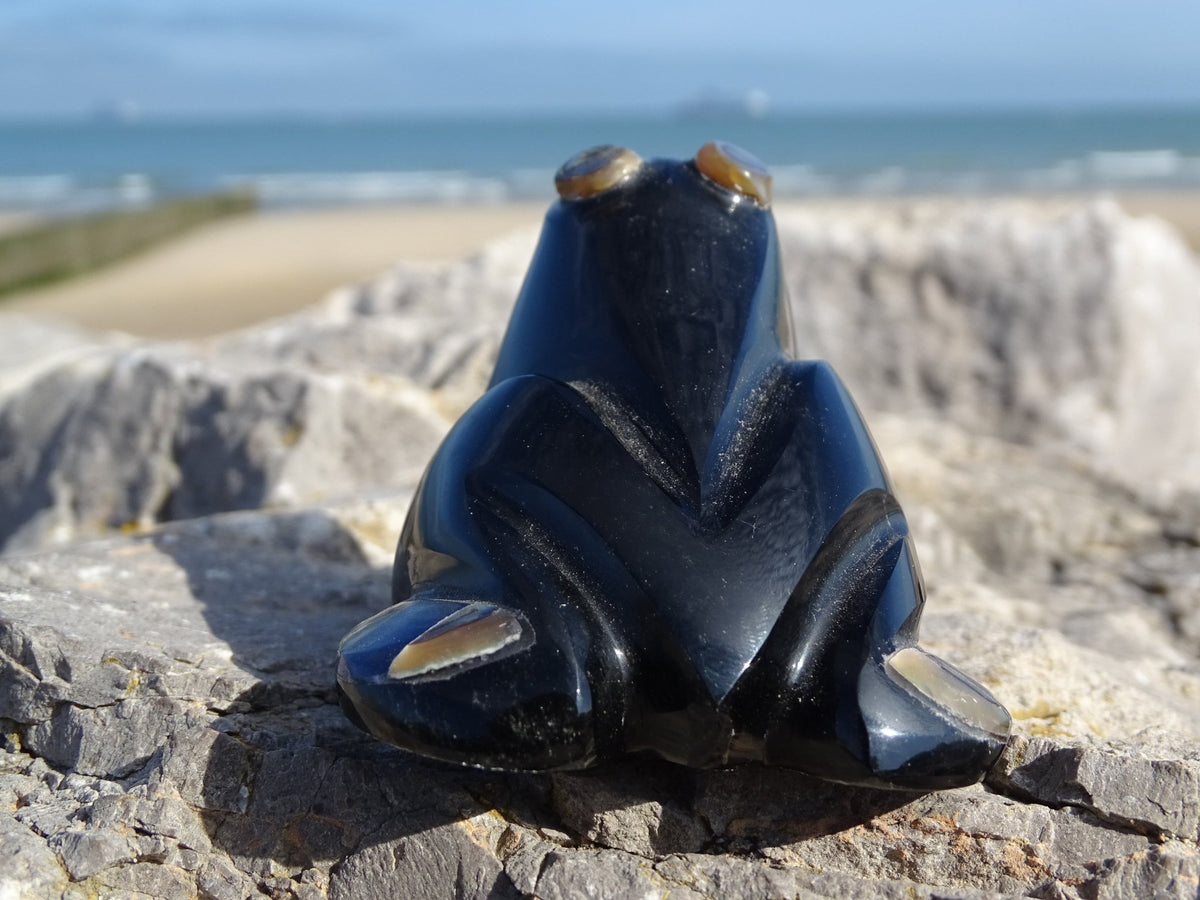 Animaux Obsidienne Noire Grenouille Abalone et Nacre - Pierres - Colibri Minéraux et Bien-être