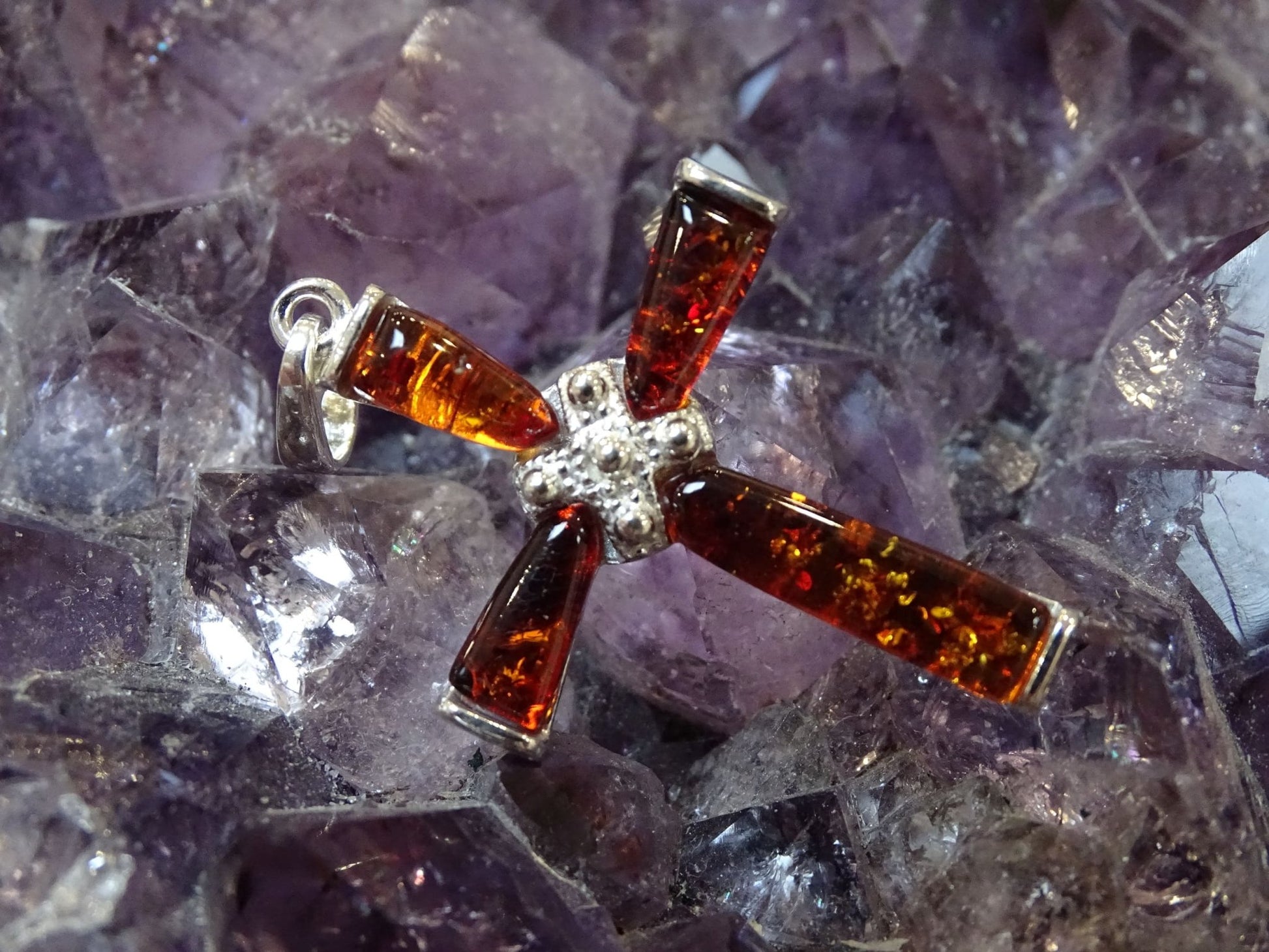 Pendentif Ambre Croix Argent 925 - Pendentifs - Colibri Minéraux et Bien-être