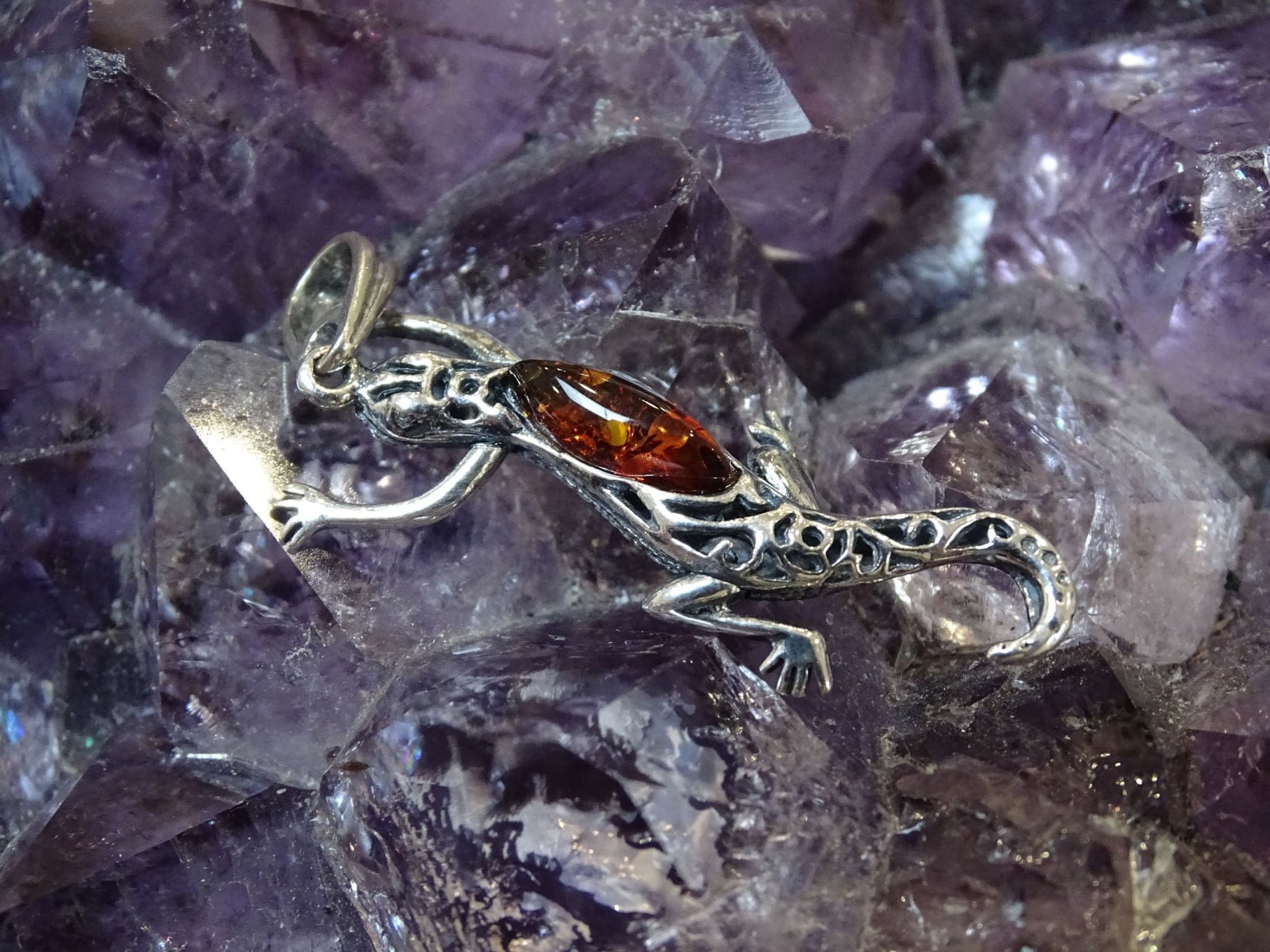 Pendentif Ambre Lézard Argent 925 - Pendentifs - Colibri Minéraux et Bien-être