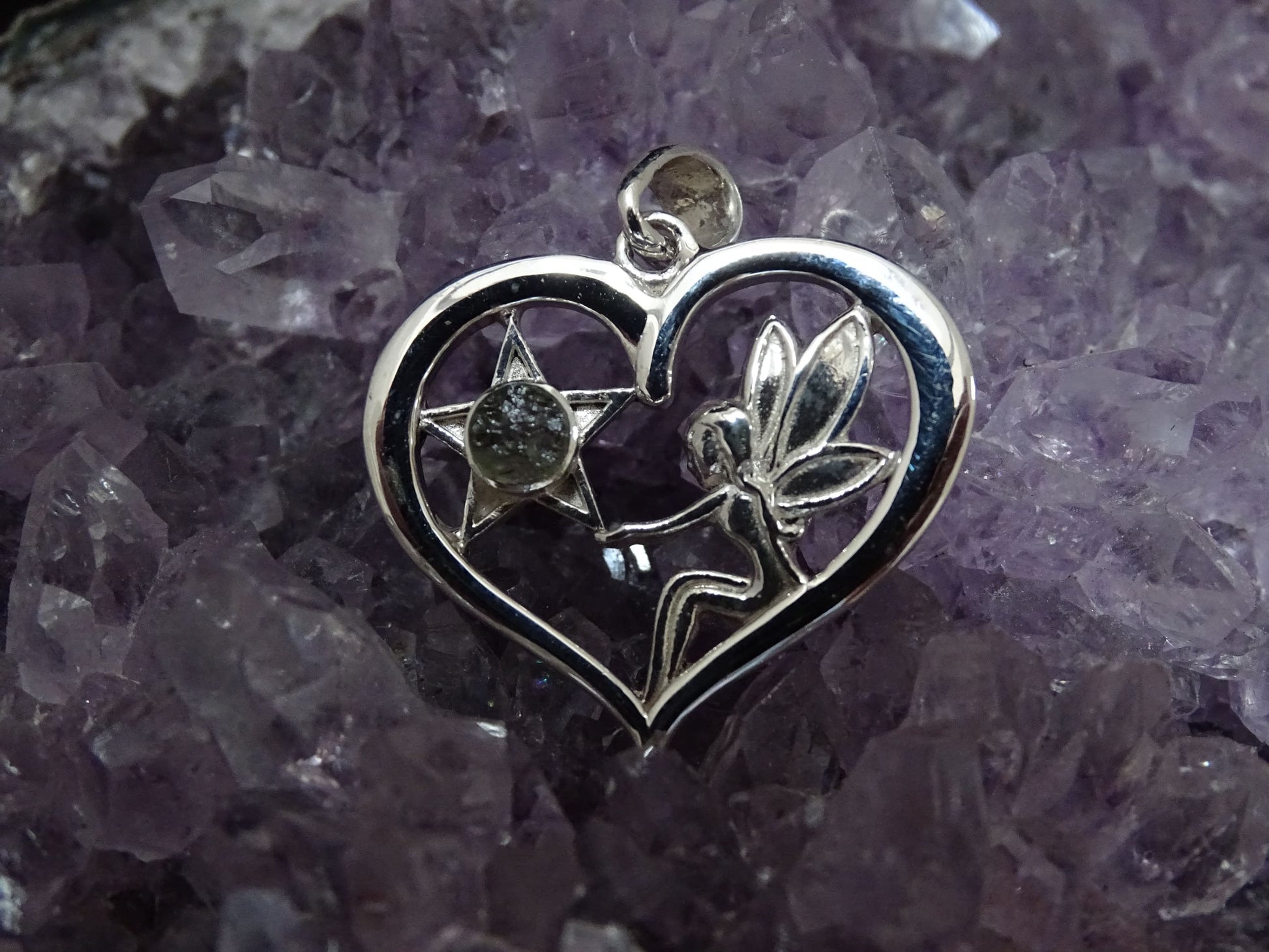 Pendentif Moldavite Argent 925 Coeur et Fée - Pendentifs - Colibri Minéraux et Bien-être