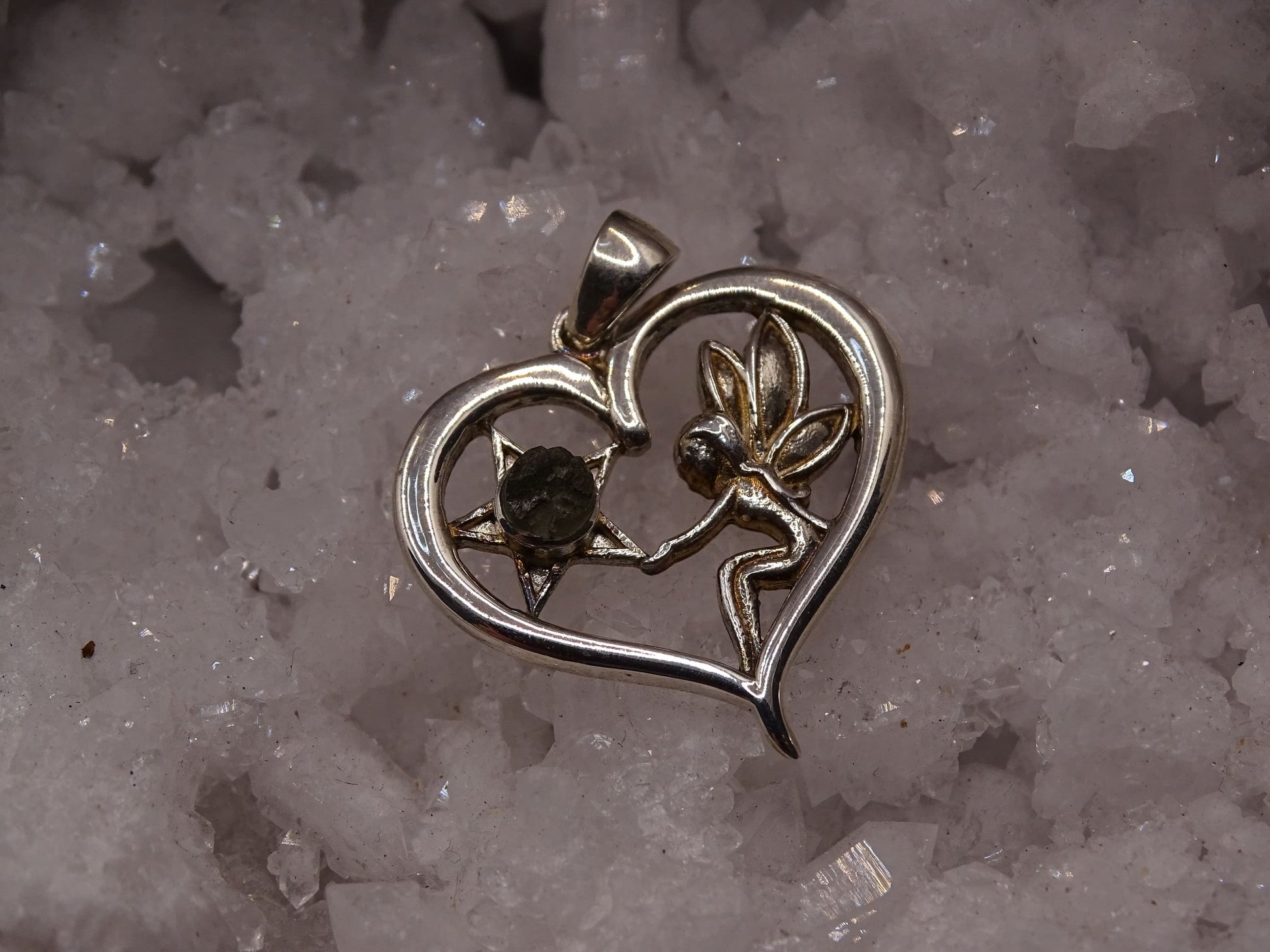 Pendentif Moldavite Argent 925 Coeur et Fée - Pendentifs - Colibri Minéraux et Bien-être