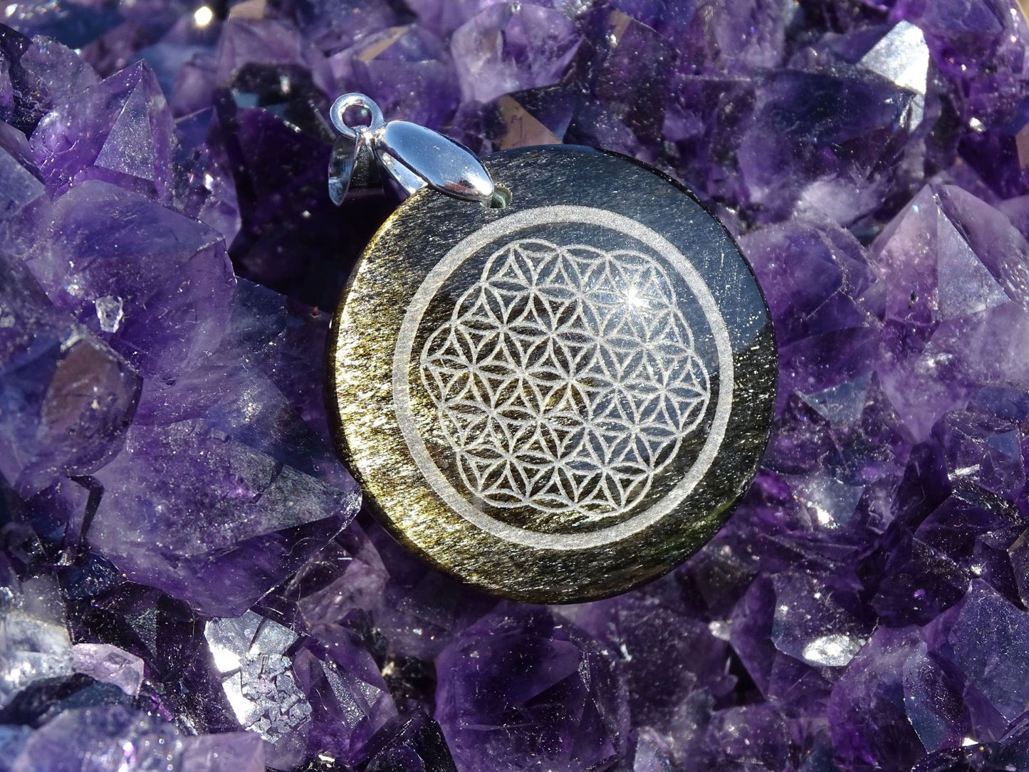 Pendentif Obsidienne Dorée Fleur de Vie - Pendentifs - Colibri Minéraux et Bien-être
