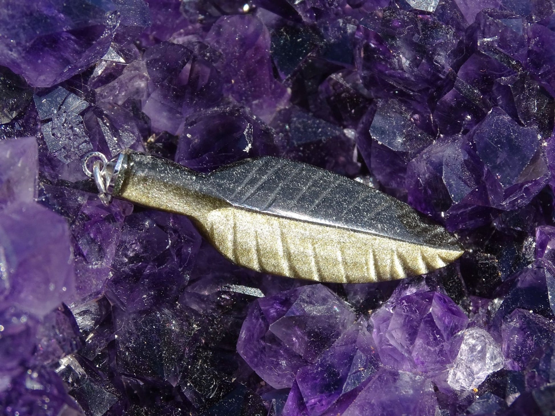 Pendentif Obsidienne Dorée Plume - Pendentifs - Colibri Minéraux et Bien-être